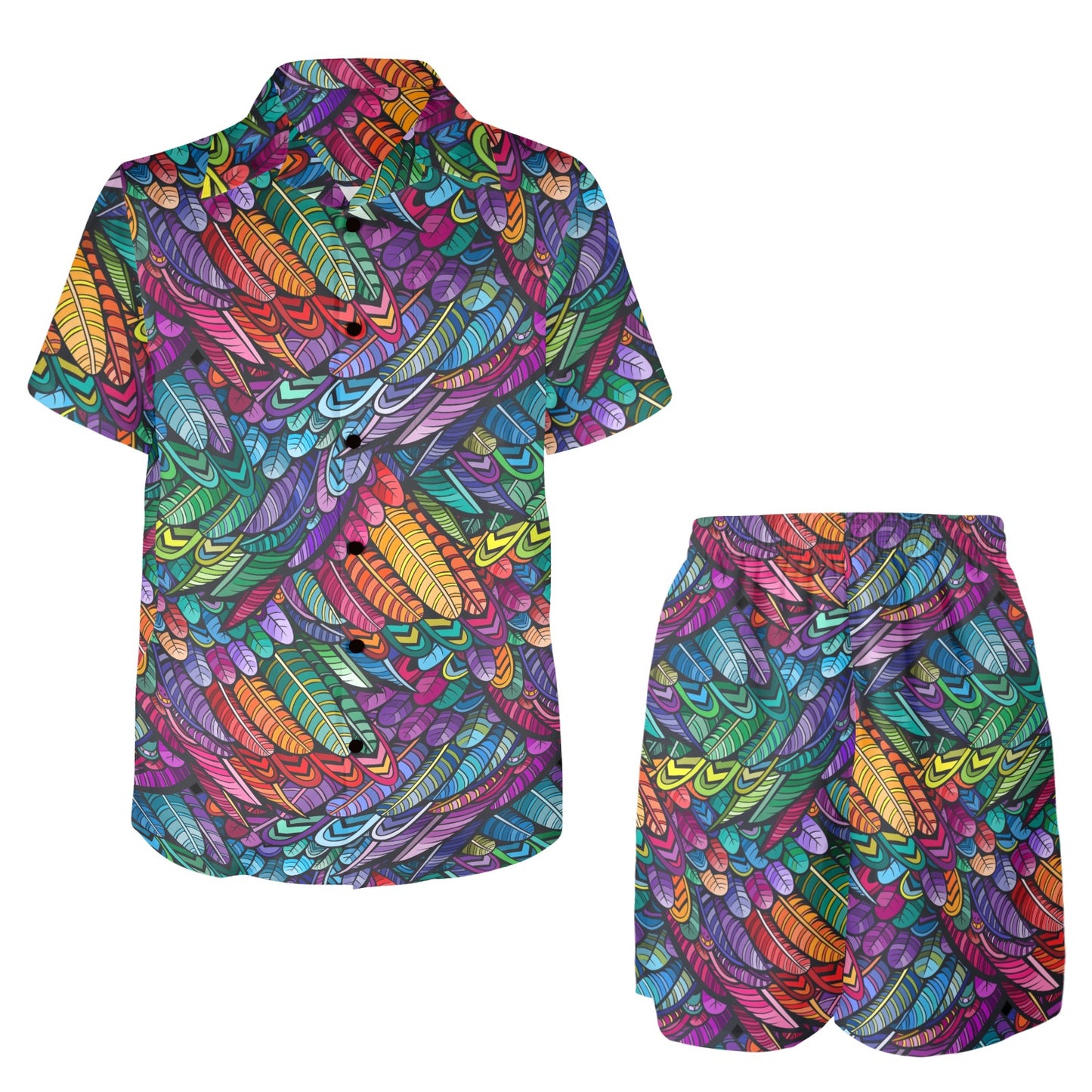 Feather Multicolor Design Print Men's Beach Shirt and Shorts Set