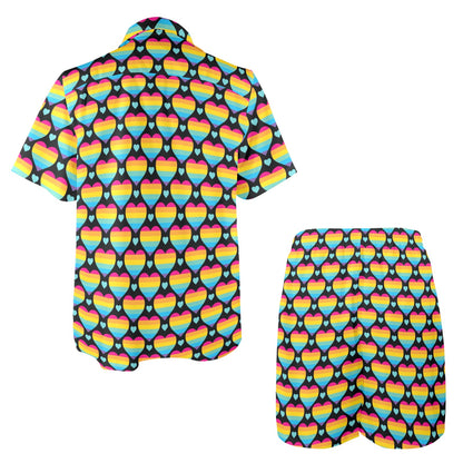 Rainbow Heart Print Pattern Men's Beach Shirt and Shorts Set