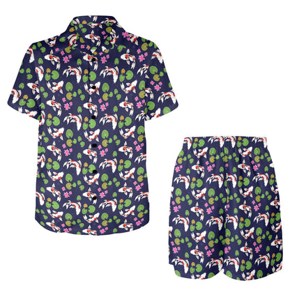 Koi Carp Pattern Design Themed Print Men's Beach Shirt and Shorts Set