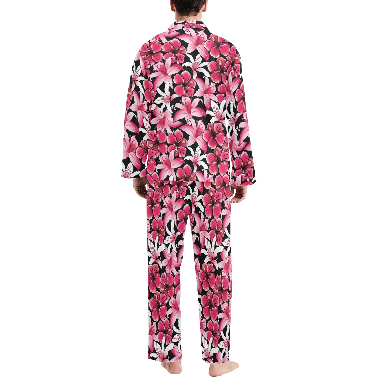 Flower Hawaiian Pink Red Hibiscus Print Men's Long Pajama Set