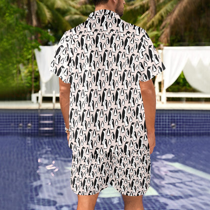 Penguin Themed Men's Beach Shirt and Shorts Set