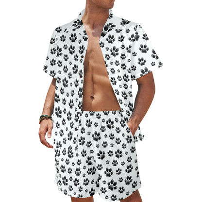 Paw Themed Print Men's Beach Shirt and Shorts Set