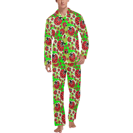 Ladybug with Leaf Print Pattern Men's Long Pajama Set