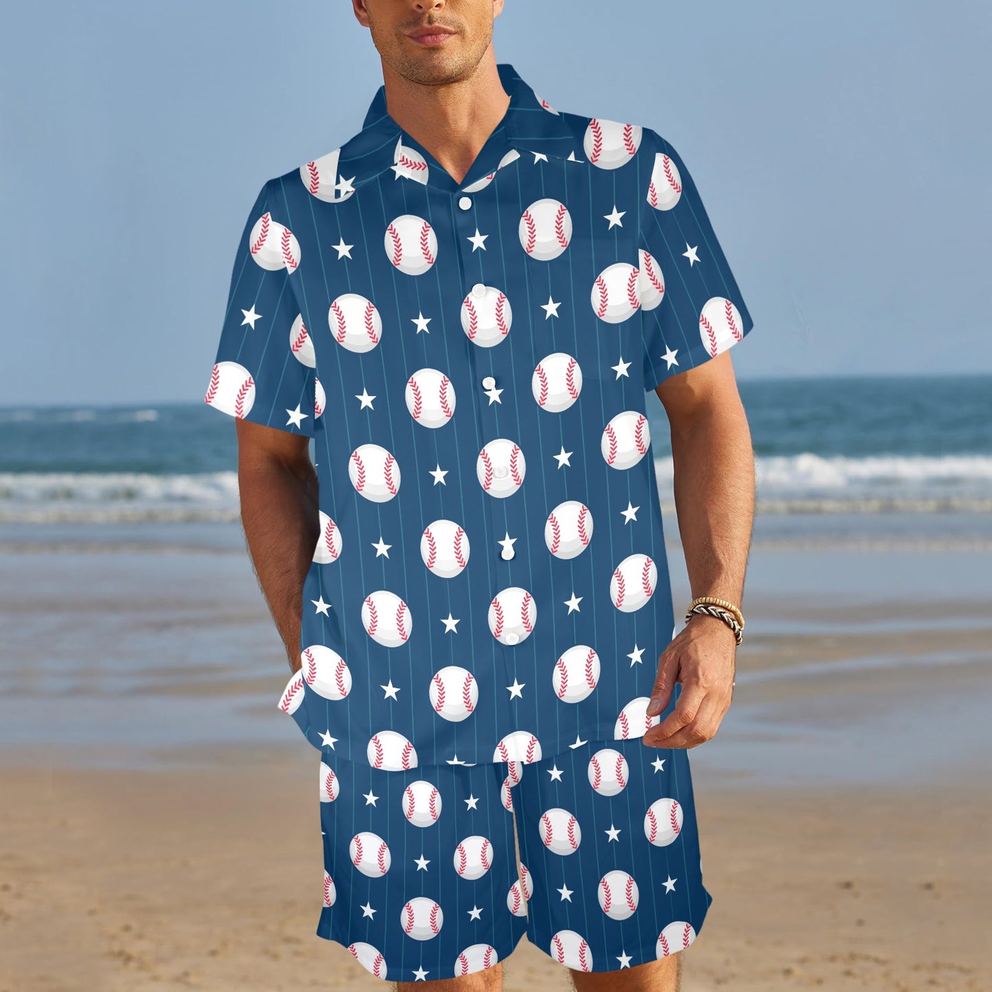 Baseball Star Print Pattern Men's Beach Shirt and Shorts Set
