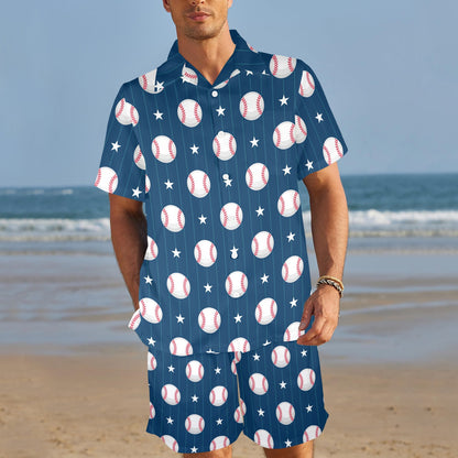 Baseball Star Print Pattern Men's Beach Shirt and Shorts Set