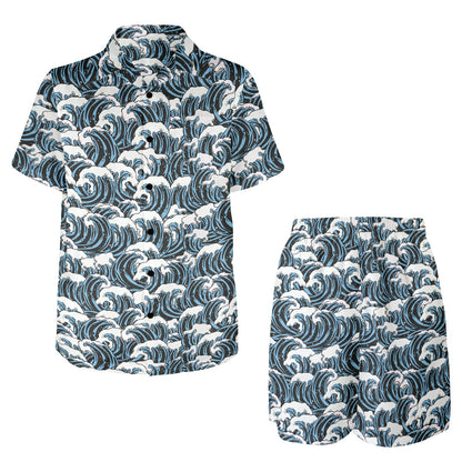 Surf Wave Pattern Print Men's Beach Shirt and Shorts Set
