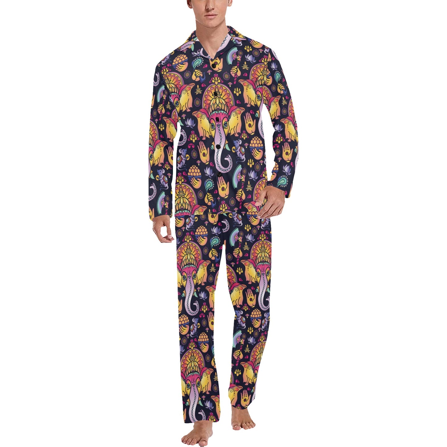 Ganesha Indian Pattern Print Design 03 Men's Long Pajama Set