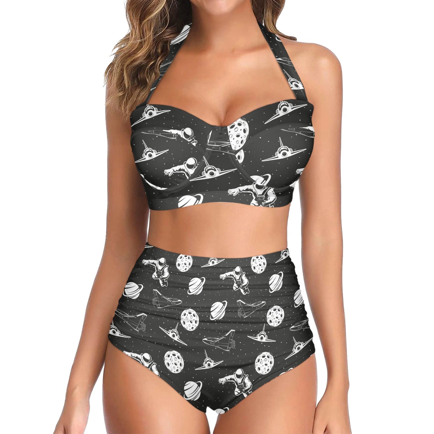 Space Astronauts Print Halter Neck Bikini Swimsuit