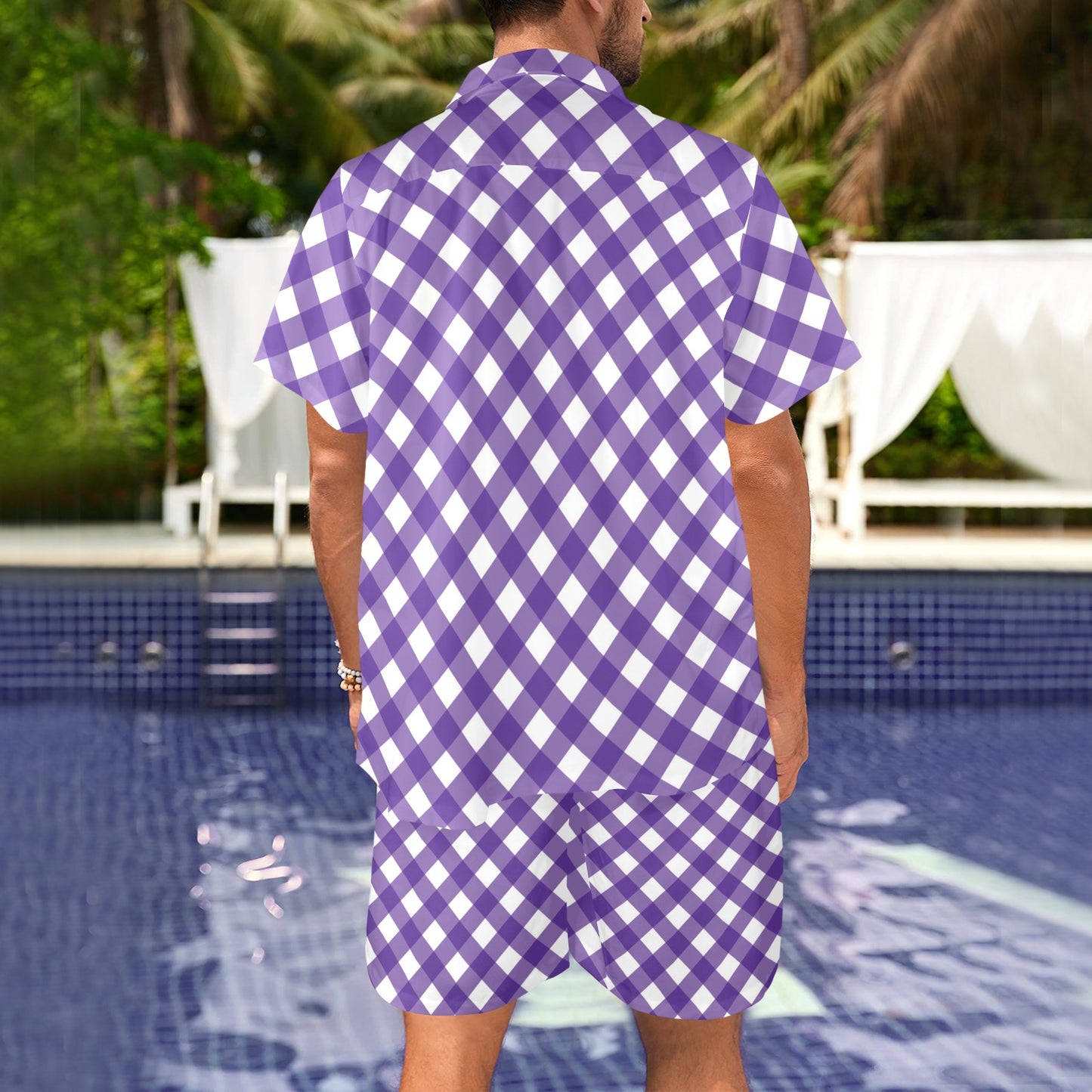 Gingham Purple Pattern Print Design 03 Men's Beach Shirt and Shorts Set