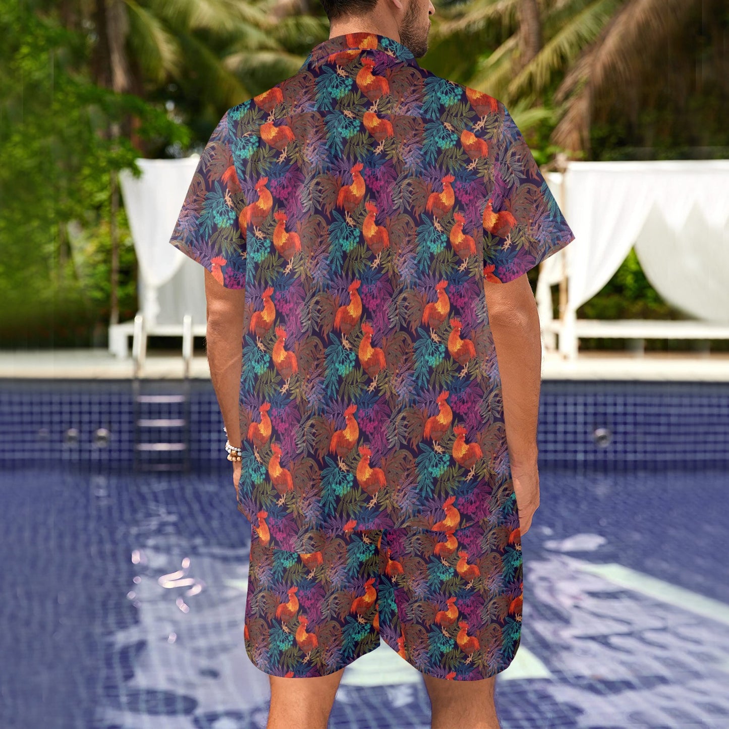 Rooster Print Style Men's Beach Shirt and Shorts Set