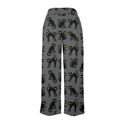 Black Cat Cute Print Pattern Women's Wide Leg Lounge Pants