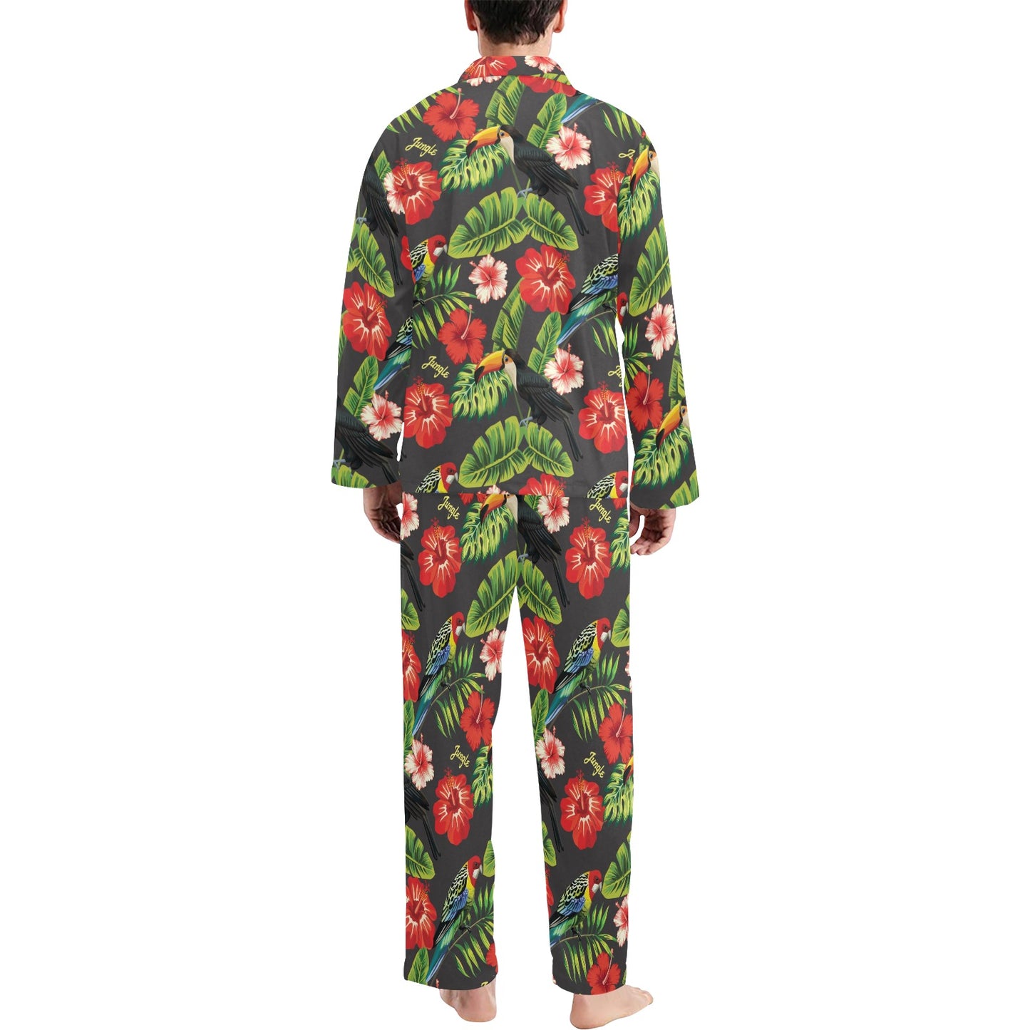 Hibiscus Red With Parrotprint Design LKS303 Men's Long Pajama Set