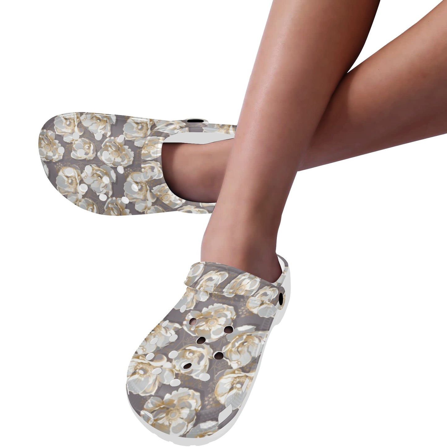Elegant Grey Flower Print Unisex Clogs Shoes