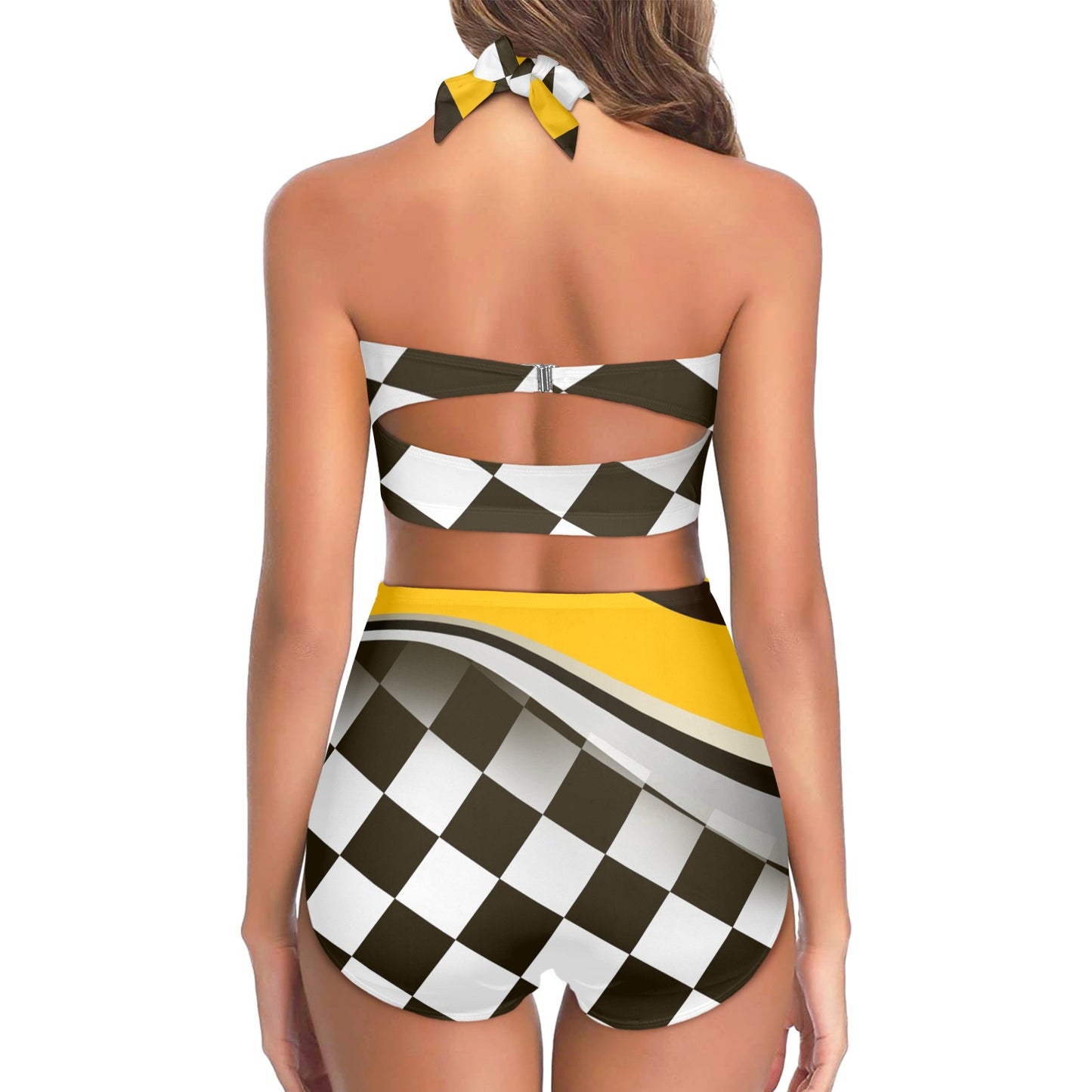 Checkered Flag Racing Style Halter Neck Bikini Swimsuit