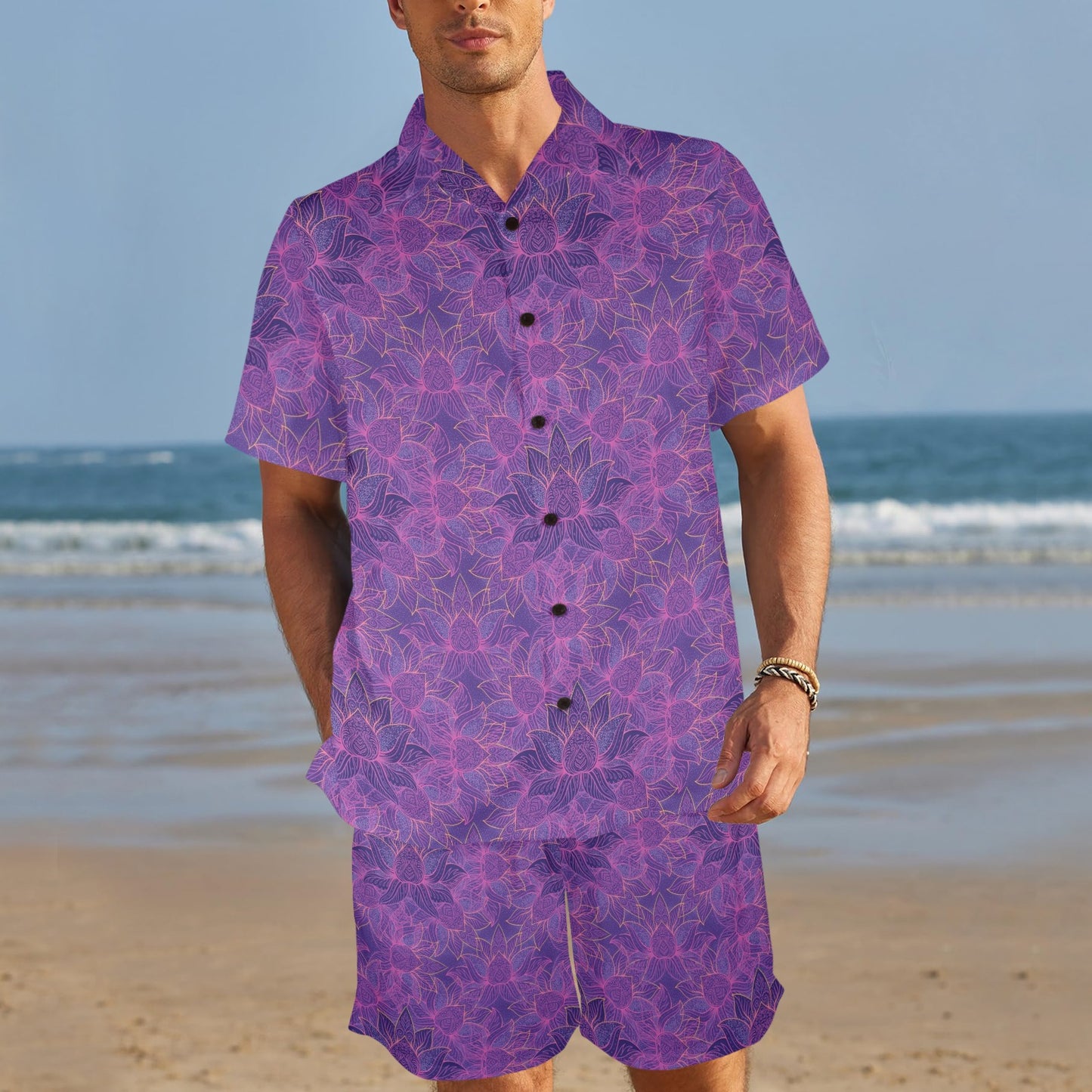 Bohemian Lotus Mandala Style Men's Beach Shirt and Shorts Set