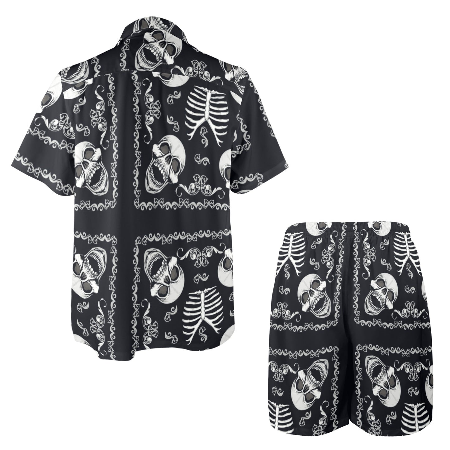 Bandana Skull Black White Print Design LKS306 Men's Beach Shirt and Shorts Set