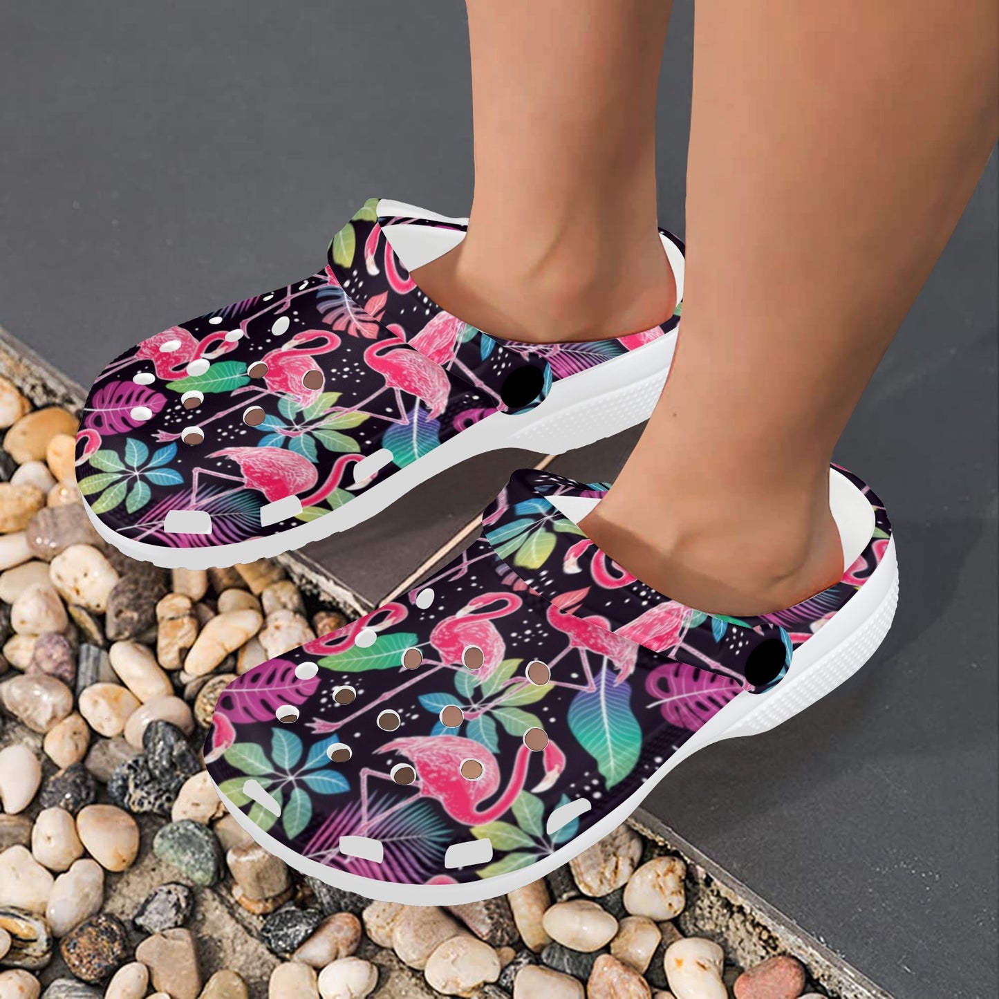 Flamingo Tropical leaves Neon Print Unisex Clogs Shoes