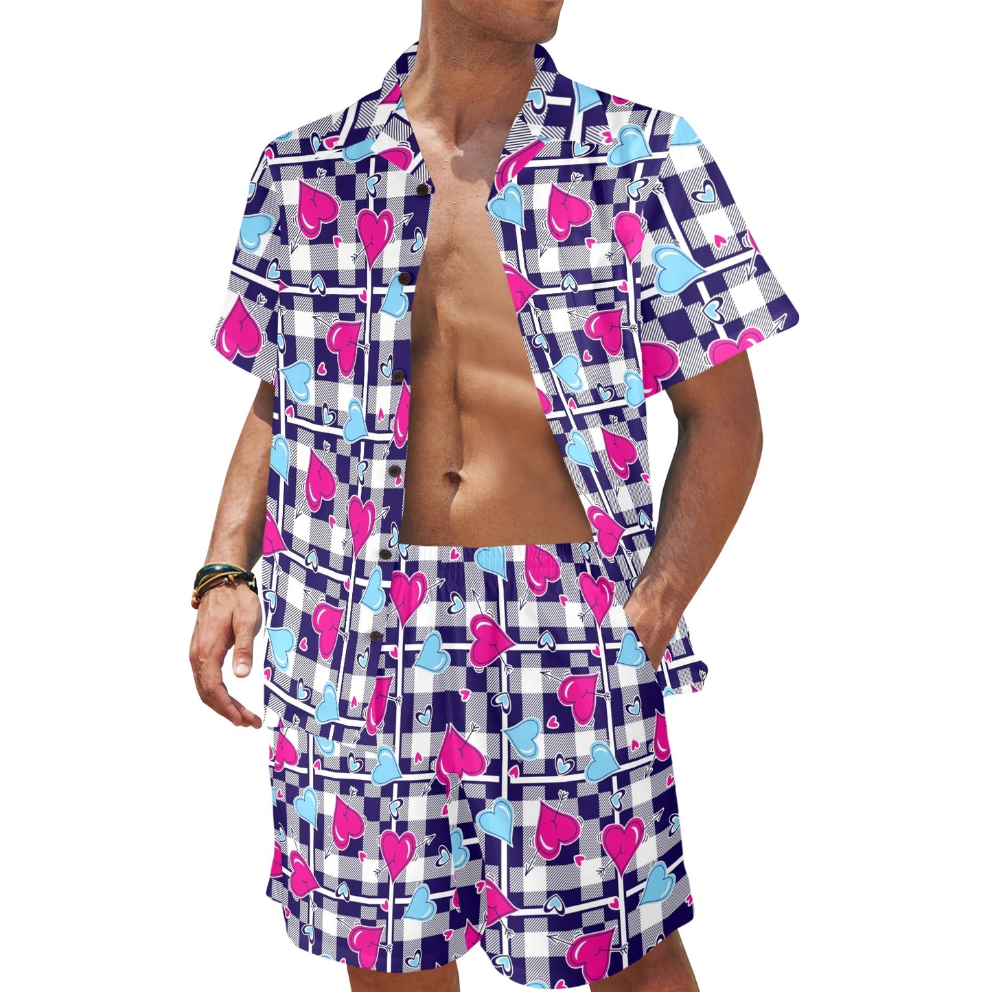 Heart Design Print Pattern JJ0335 Men's Beach Shirt and Shorts Set