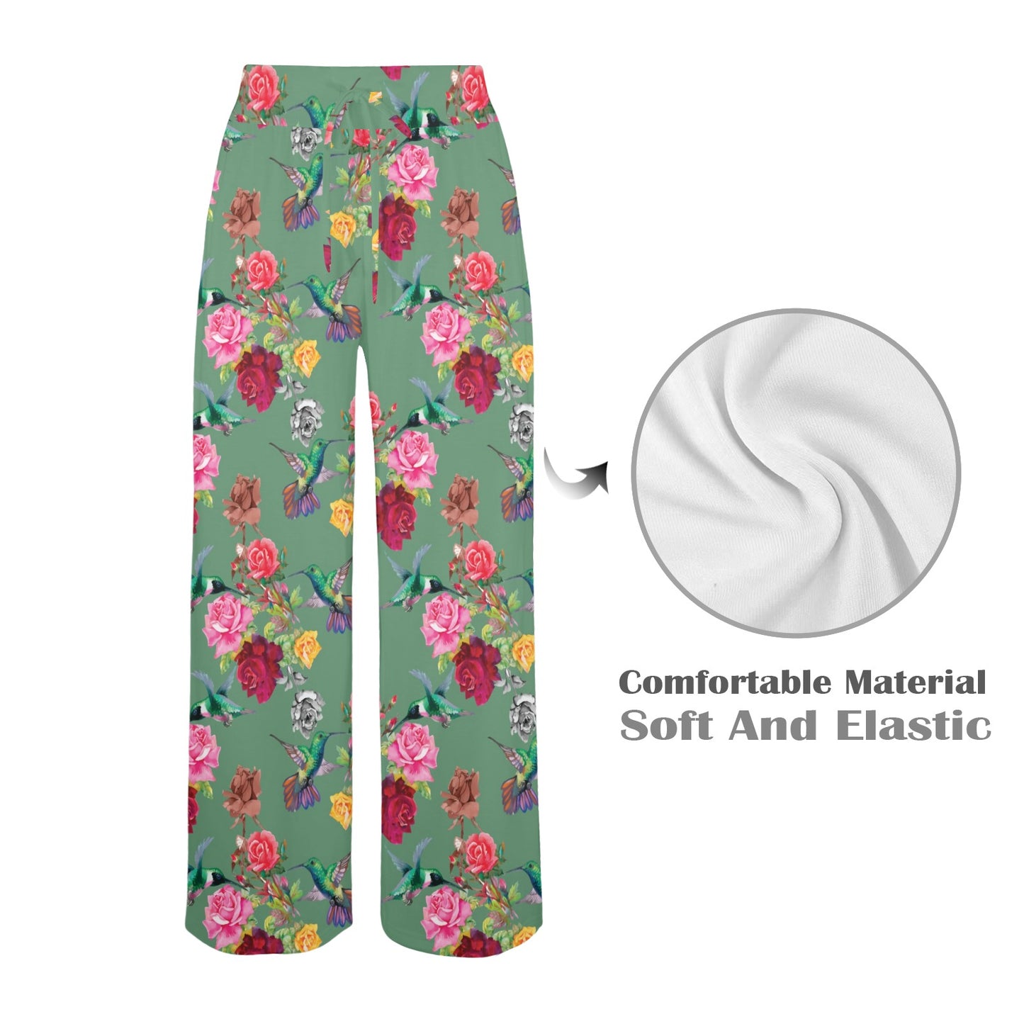 Hummingbird with Rose Themed Print Women's Wide Leg Lounge Pants