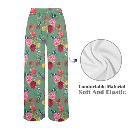 Hummingbird with Rose Themed Print Women's Wide Leg Lounge Pants