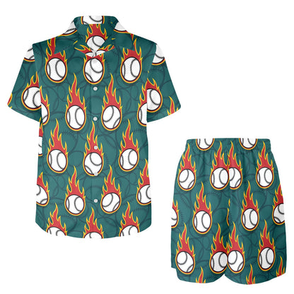 Baseball Fire Print Pattern Men's Beach Shirt and Shorts Set