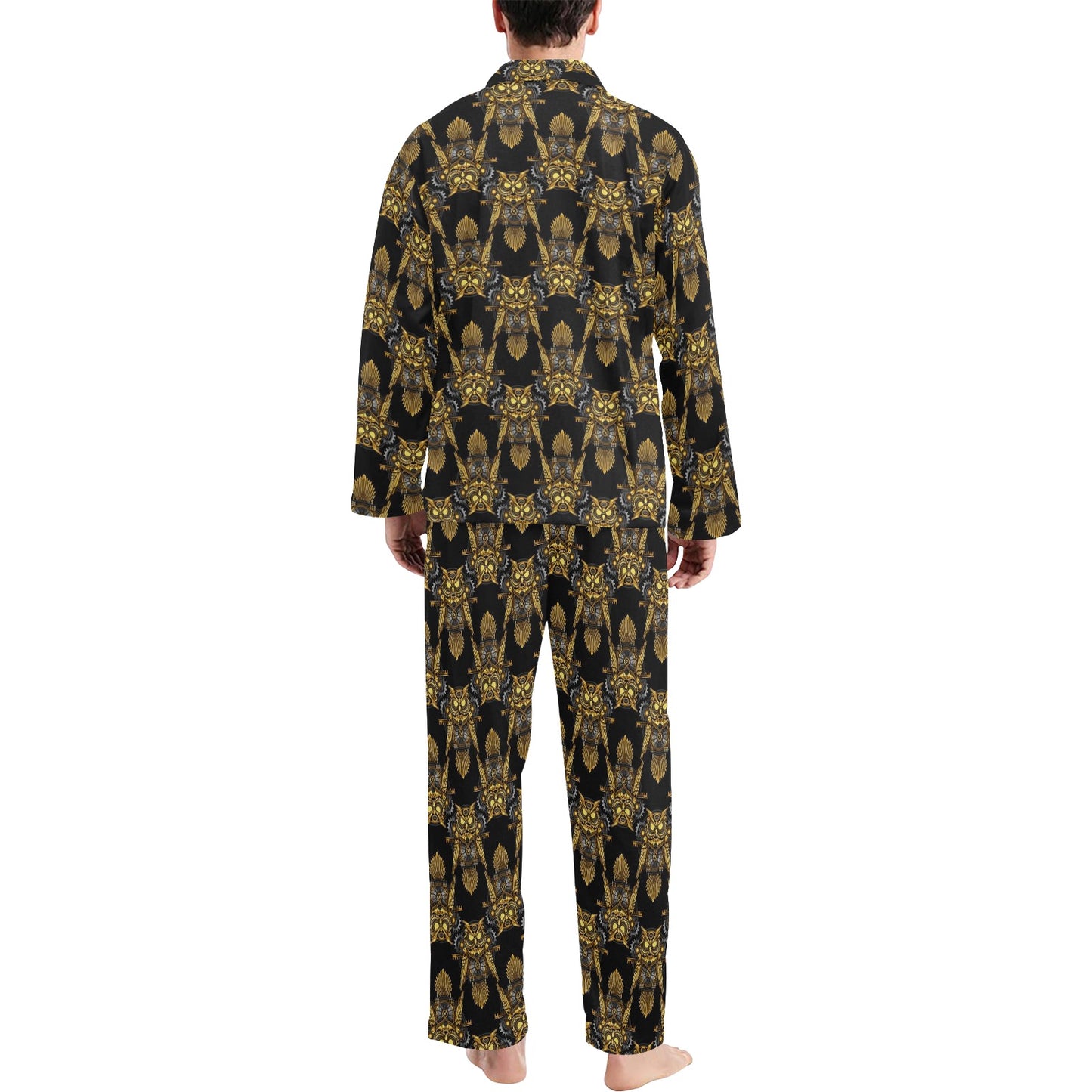 Steampunk Gold Owl Design Themed Print Men's Long Pajama Set