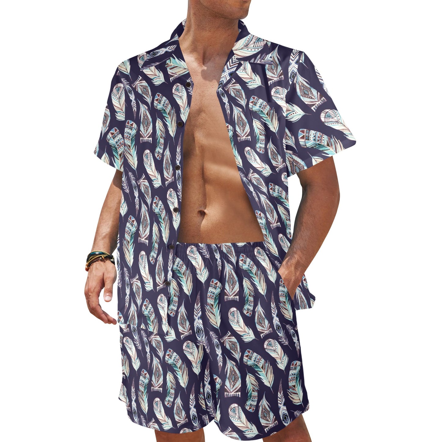 Feather Vintage Boho Design Print Men's Beach Shirt and Shorts Set