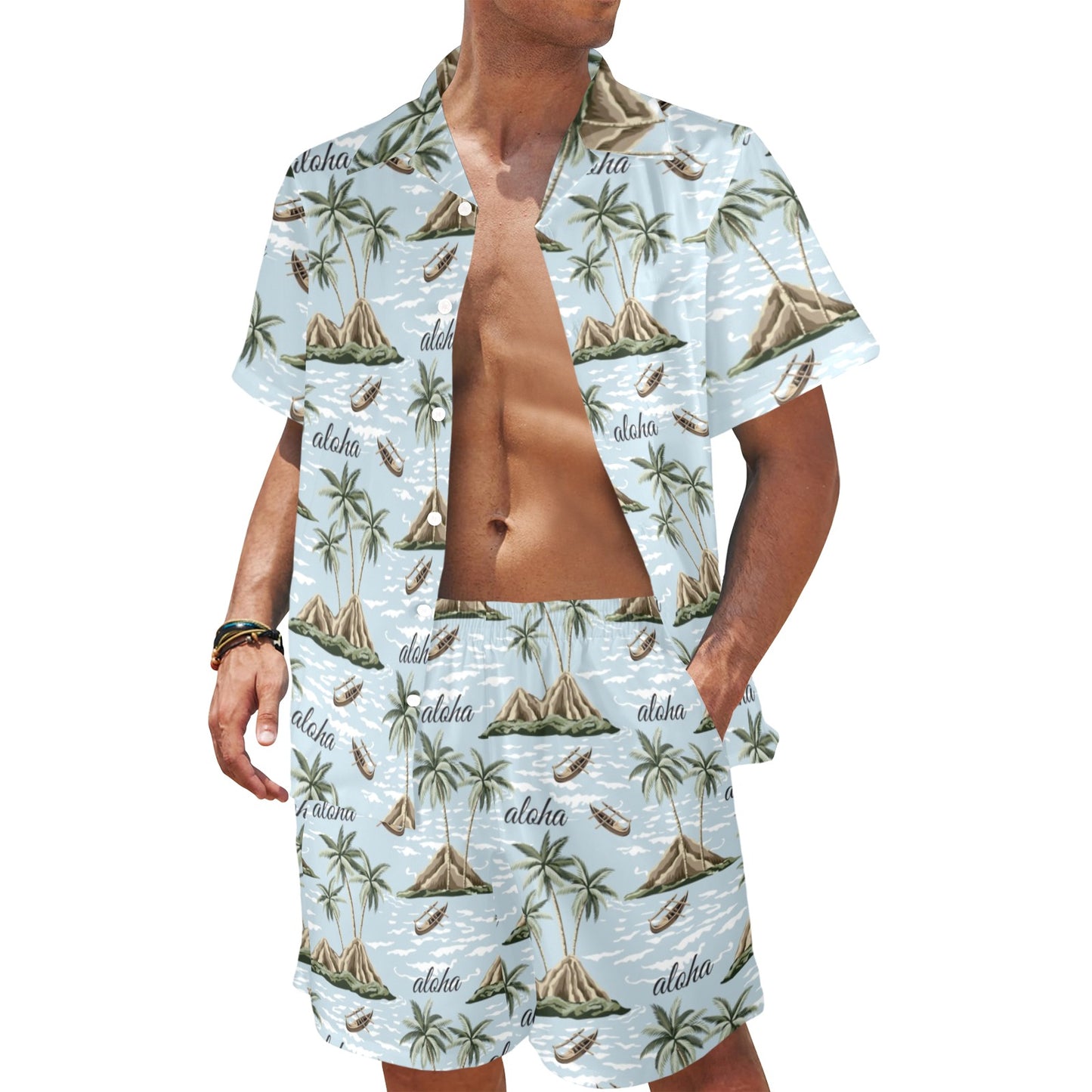 Aloha Hawaii island Design Themed Print Men's Beach Shirt and Shorts Set