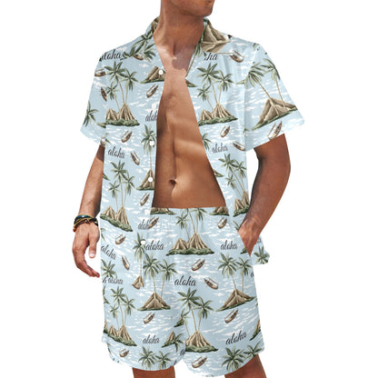 Aloha Hawaii island Design Themed Print Men's Beach Shirt and Shorts Set