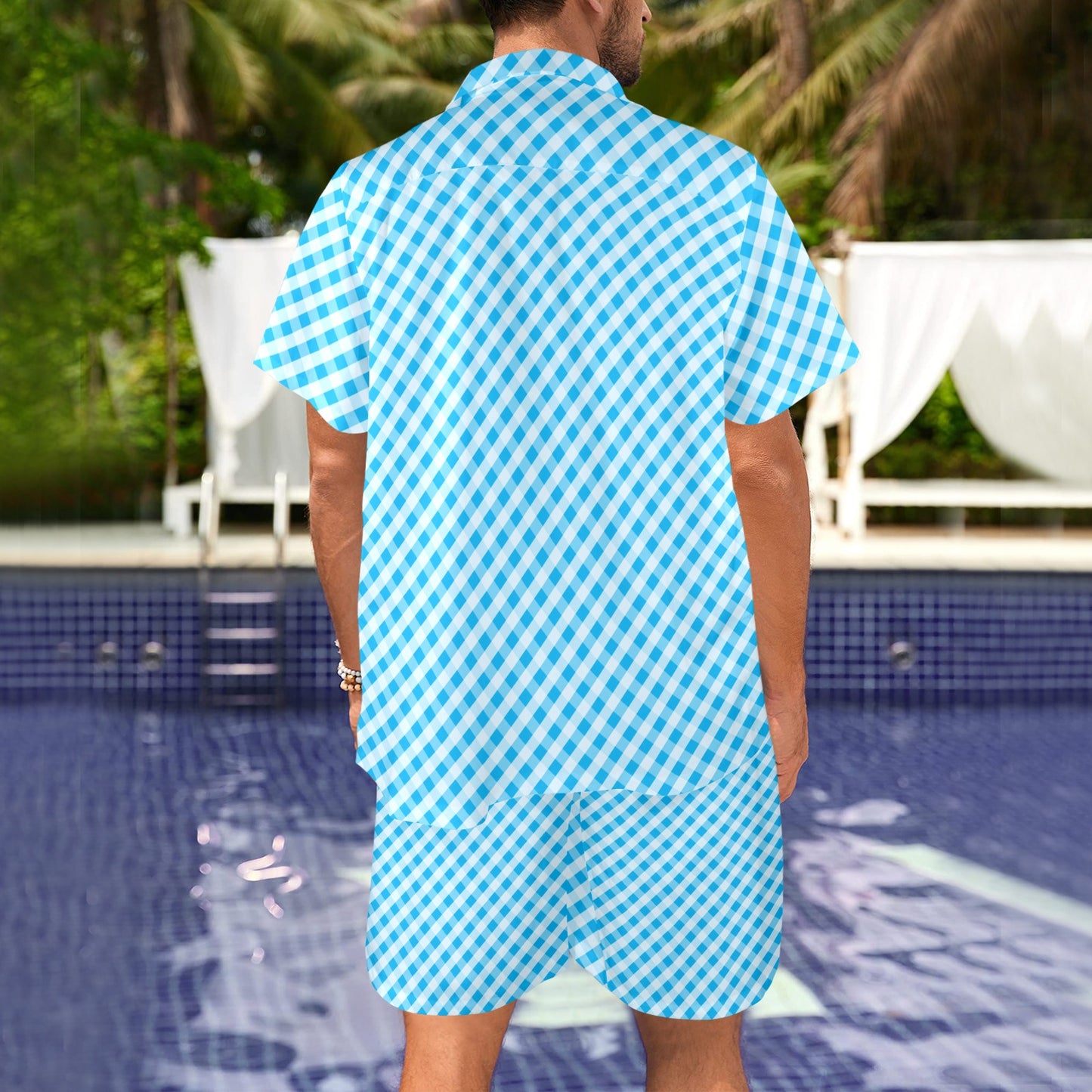 Gingham Print Design LKS401 Men's Beach Shirt and Shorts Set