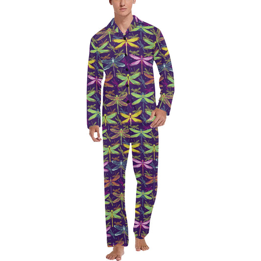 Dragonfly Neon Color Print Pattern Men's Long Pajama Set