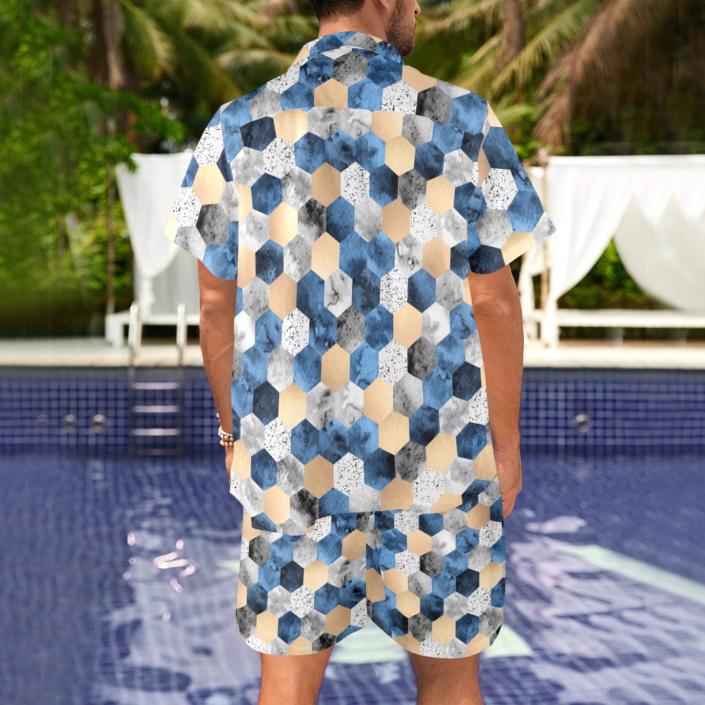 Hexagonal Design Print Pattern JJ0345 Men's Beach Shirt and Shorts Set