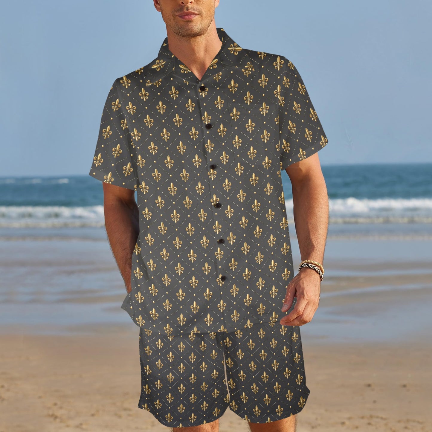 Fleur De Lis Print Design LKS402 Men's Beach Shirt and Shorts Set