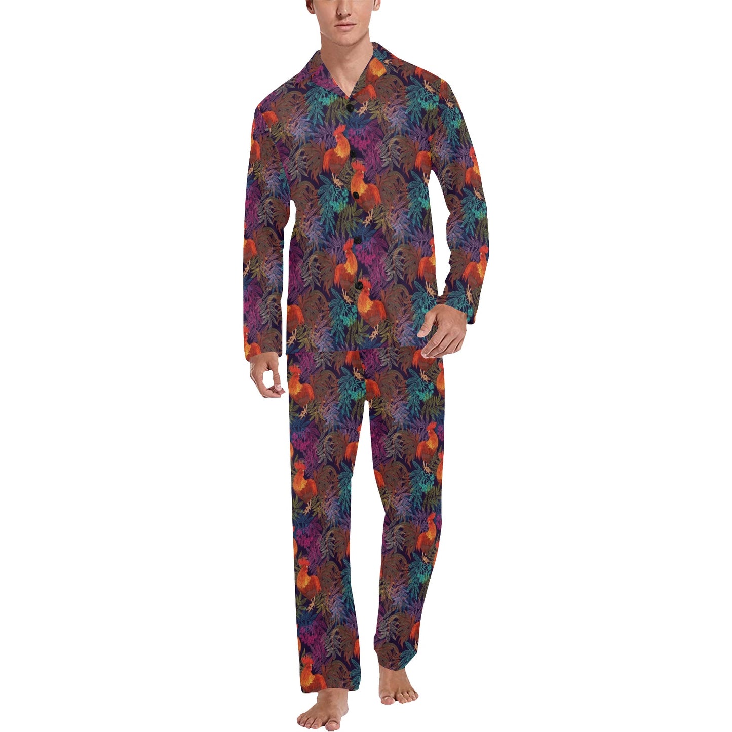 Rooster Print Style Men's Long Pajama Set