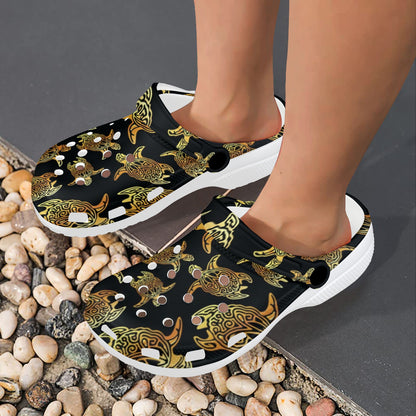 Gold Tribal Turtle Polynesian Themed Unisex Clogs Shoes