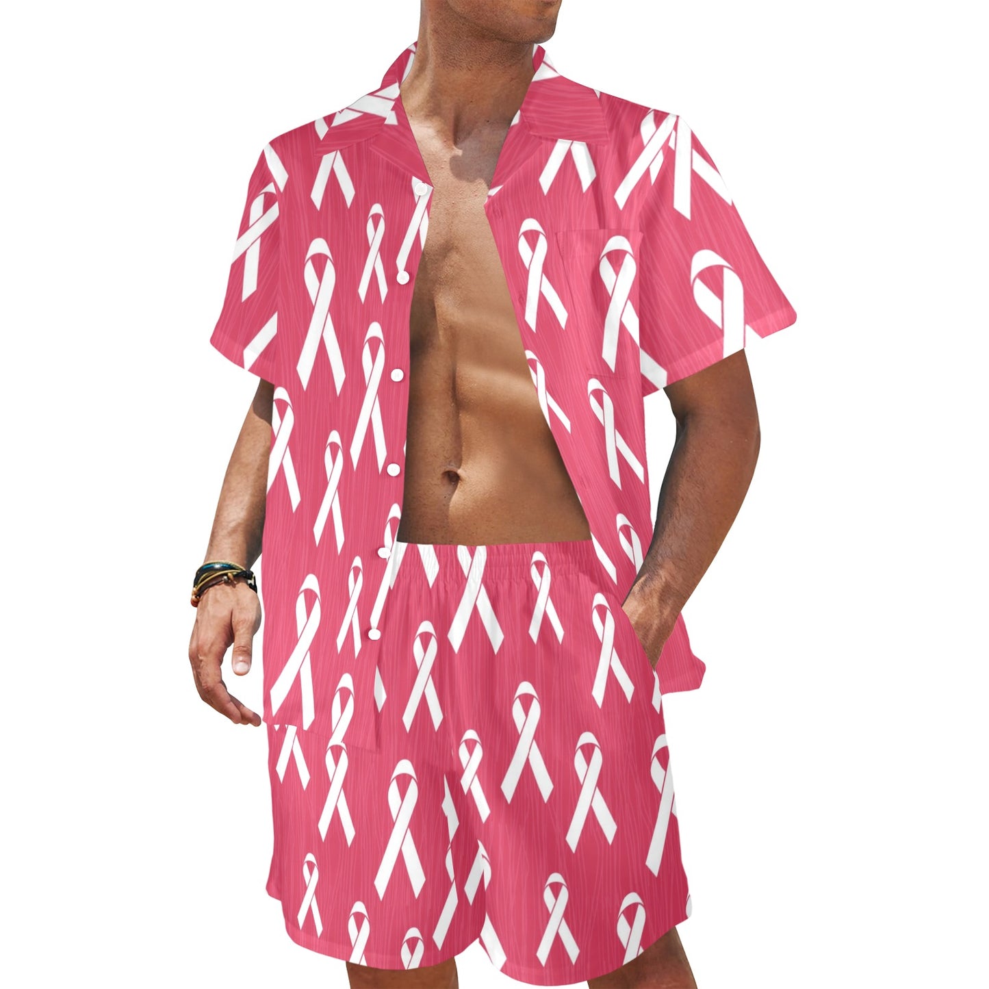 Breast Cancer Awareness Symbol Men's Beach Shirt and Shorts Set
