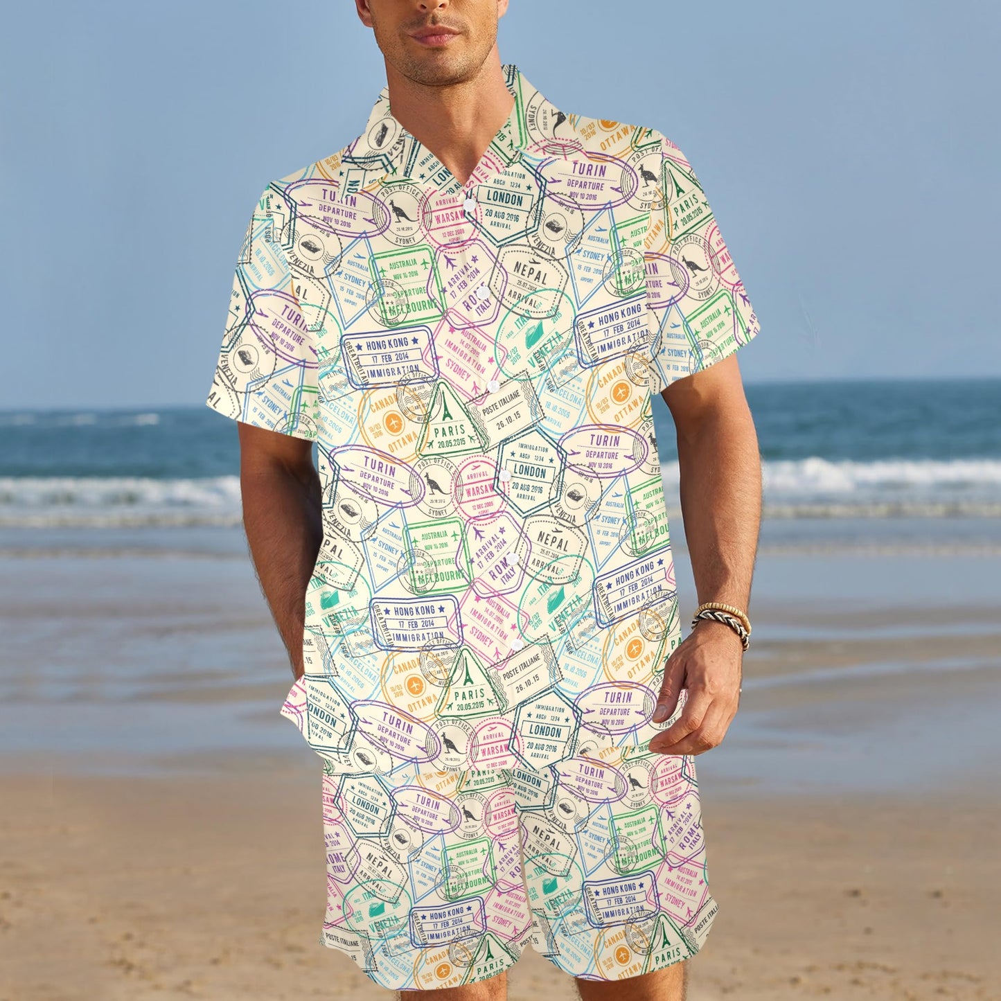 Travel Stamp Print Design LKS303 Men's Beach Shirt and Shorts Set