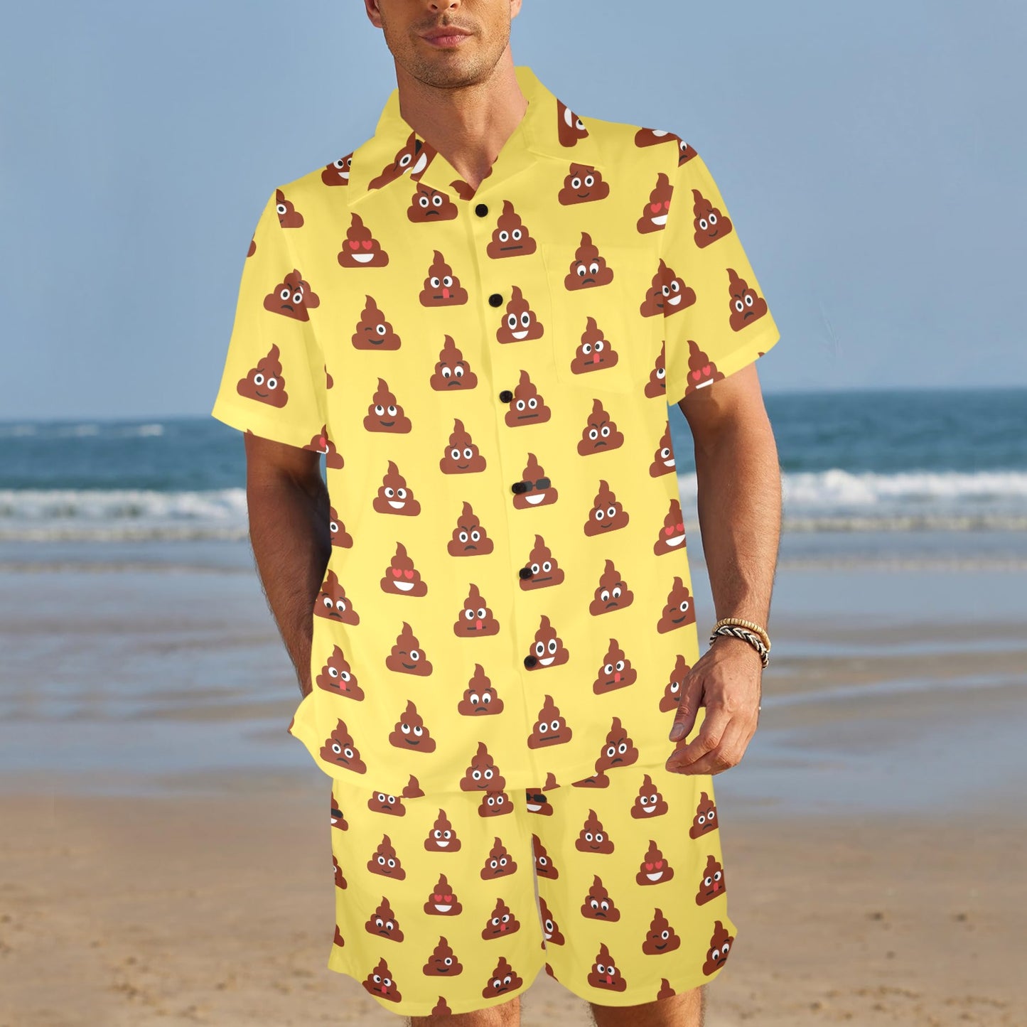 Emoji Poop Print Pattern Men's Beach Shirt and Shorts Set