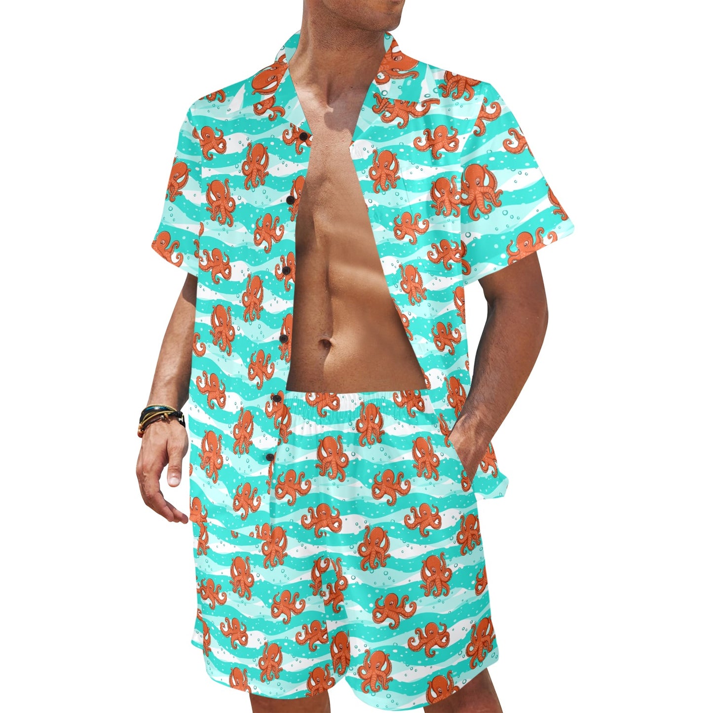 Octopus Cute Design Print Themed Men's Beach Shirt and Shorts Set