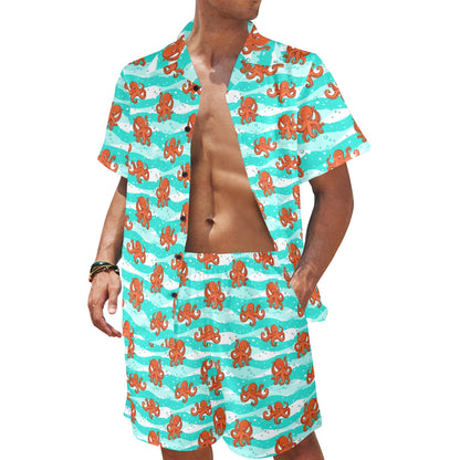 Octopus Cute Design Print Themed Men's Beach Shirt and Shorts Set
