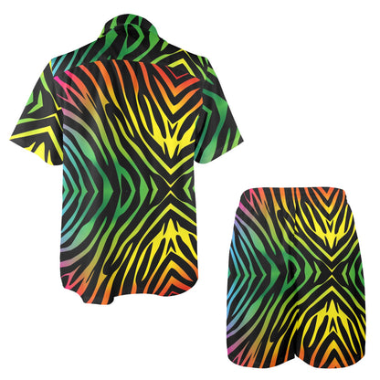 Rainbow Zebra Themed Print Men's Beach Shirt and Shorts Set