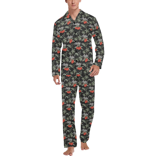 Aloha Palm Tree Design Themed Print Men's Long Pajama Set