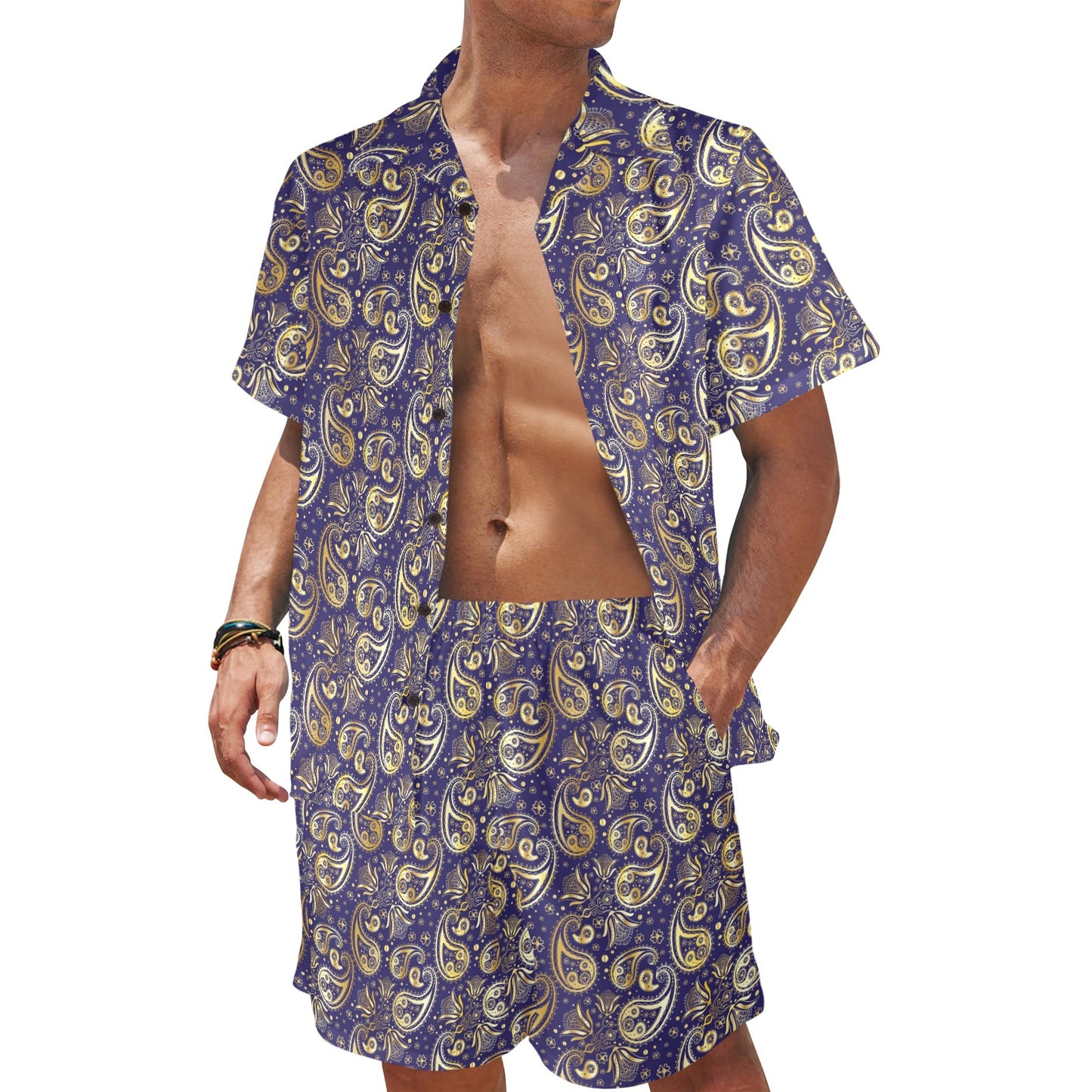 Paisley Blue Yellow Design Print Men's Beach Shirt and Shorts Set