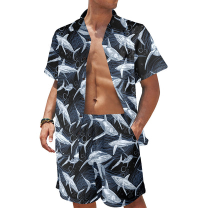 Shark Print Pattern Men's Beach Shirt and Shorts Set