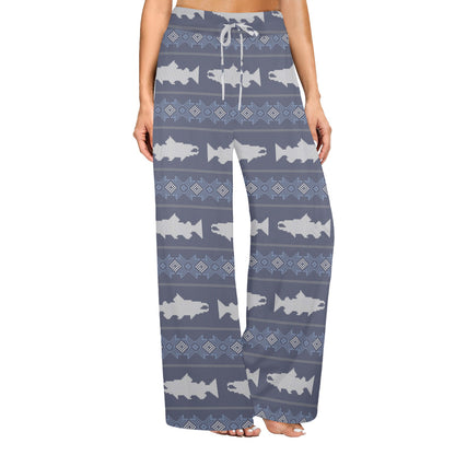 Salmon Fish Knit Style Print Design LKS304 Women's Wide Leg Lounge Pants