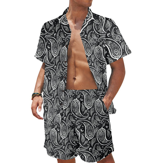 Paisley Black Design Print Men's Beach Shirt and Shorts Set