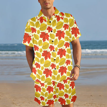 Elm Maple Leave Print Pattern Men's Beach Shirt and Shorts Set