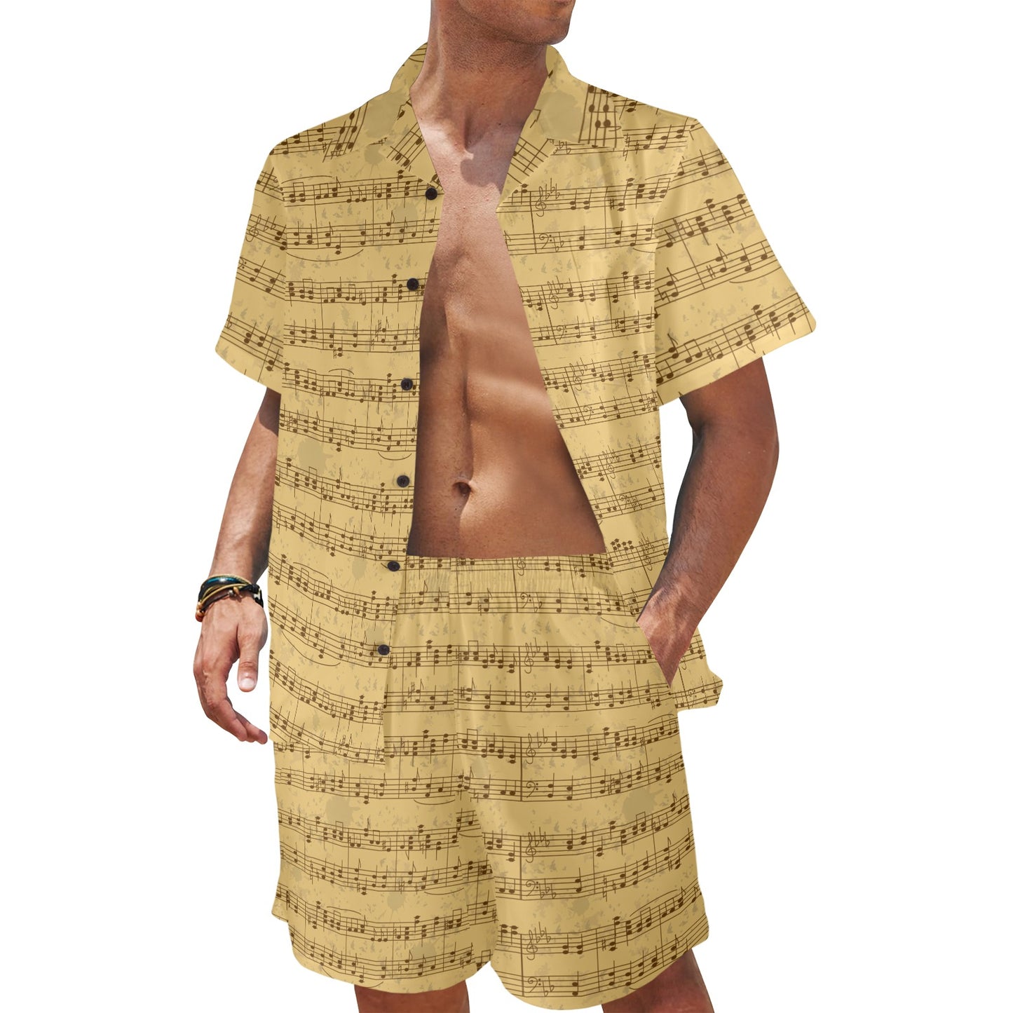 Music Note Vintage Themed Print Men's Beach Shirt and Shorts Set