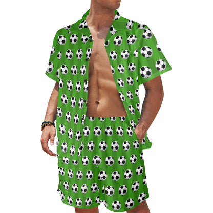 Soccer Ball Green Backgrpund Print Men's Beach Shirt and Shorts Set