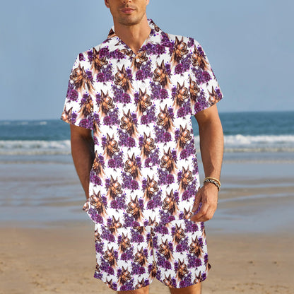 Chihuahua Purple Floral Men's Beach Shirt and Shorts Set